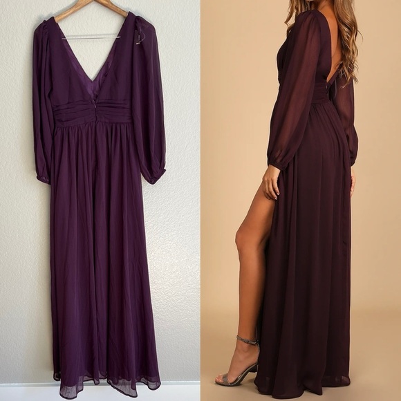 Enchant My Love Dark Purple V-Neck Long Sleeve Maxi Dress - Picture 3 of 8